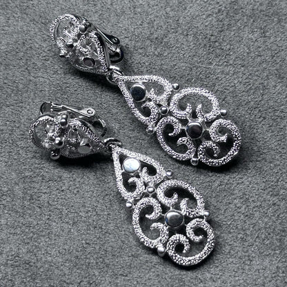 Vintage TRIFARI Ornate Dangle Silver Tone Earrings Clip-on Signed 2 in