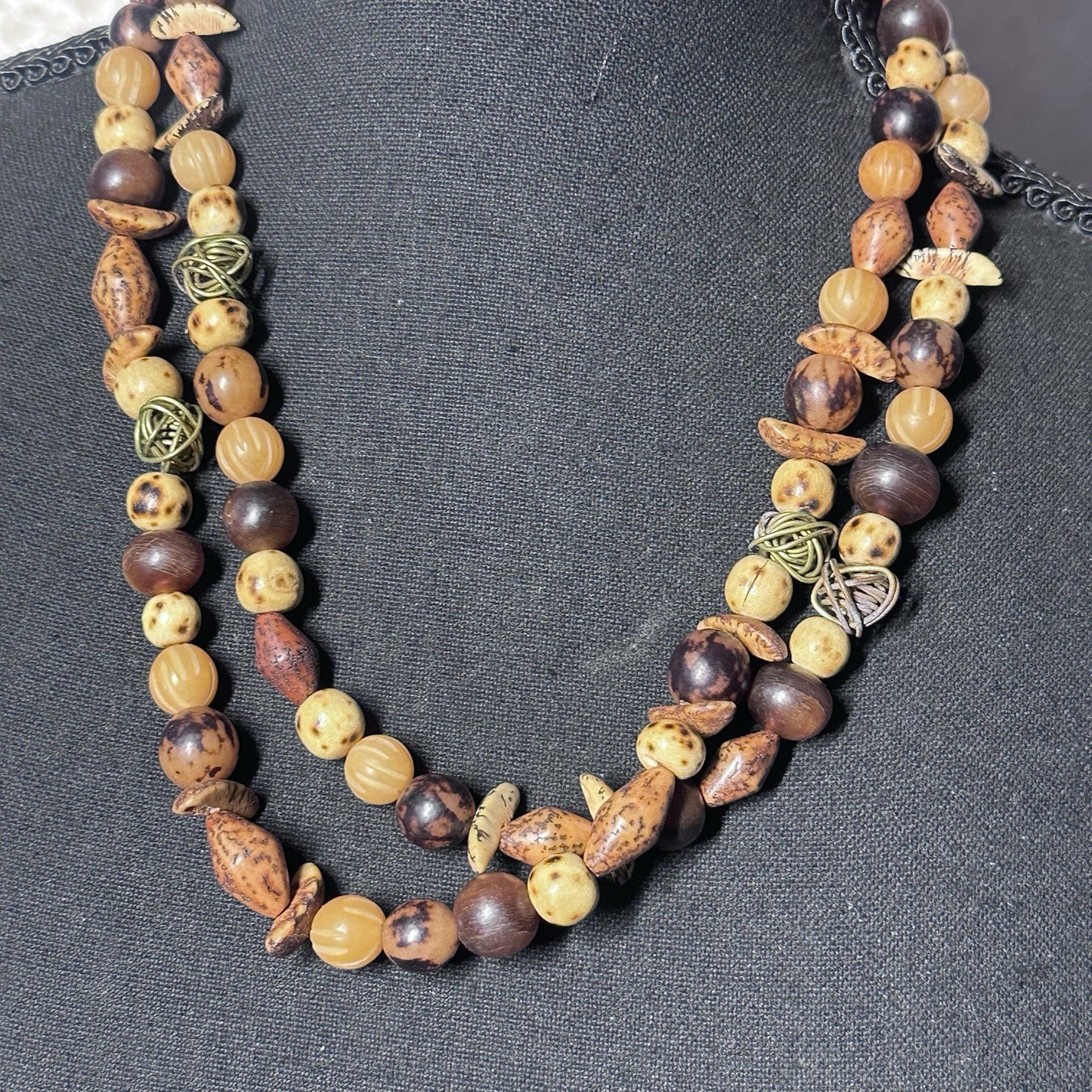 Vintage Dayne Duvall Wood & Mixed Stone Fashion Layering Long Necklace