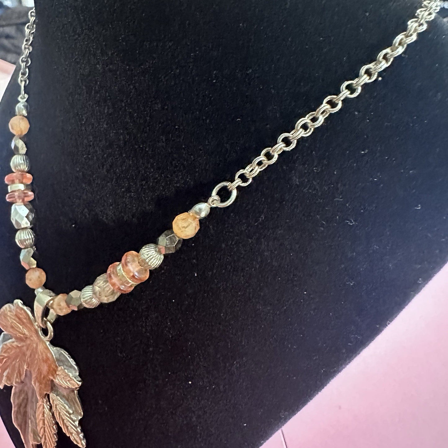 Kenneth Cole Gold Tone Beaded Fall Leaf Pendant Brown Orange Necklace